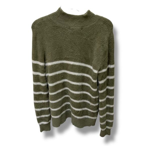 Bailey 44 fuzzy mock neck stripe sweater olive green white - Picture 3 of 6